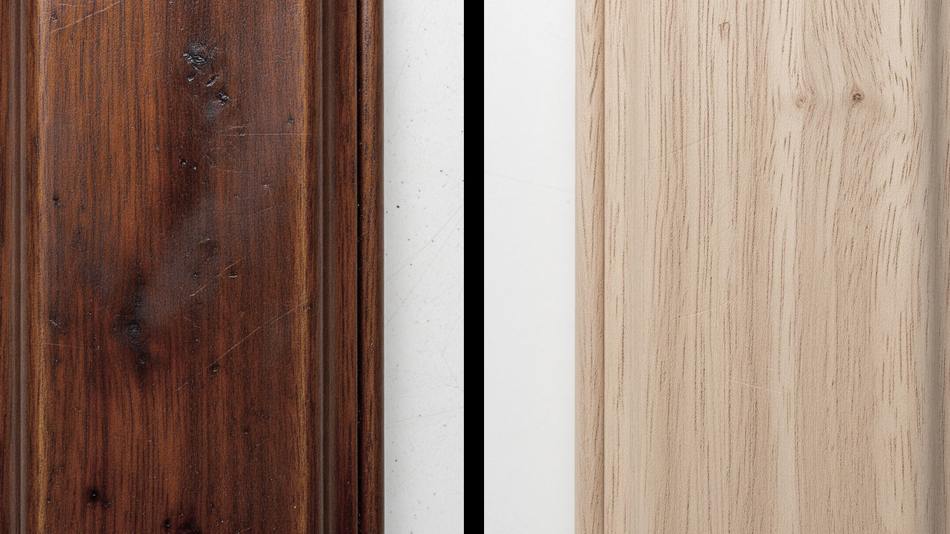 Mahogany surface undergoing laser cleaning showing precise contamination removal