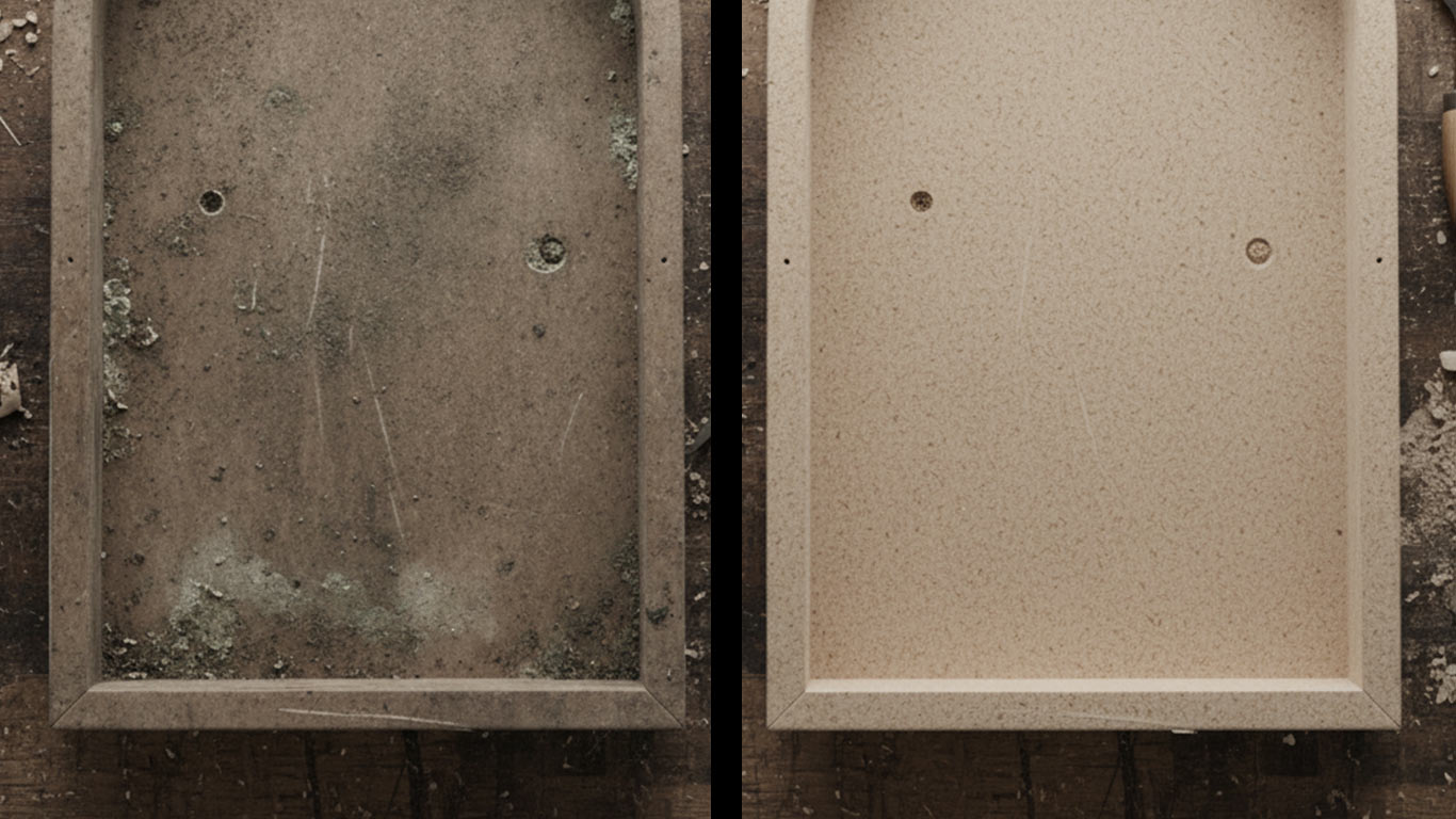 Mdf surface undergoing laser cleaning showing precise contamination removal