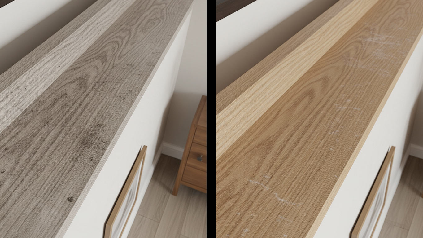 Oak surface undergoing laser cleaning showing precise contamination removal