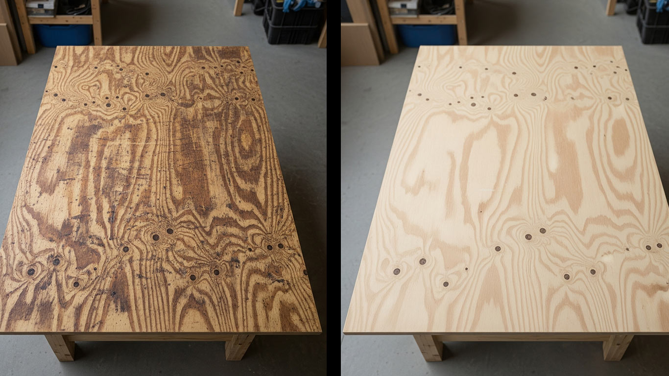 Plywood surface undergoing laser cleaning showing precise contamination removal