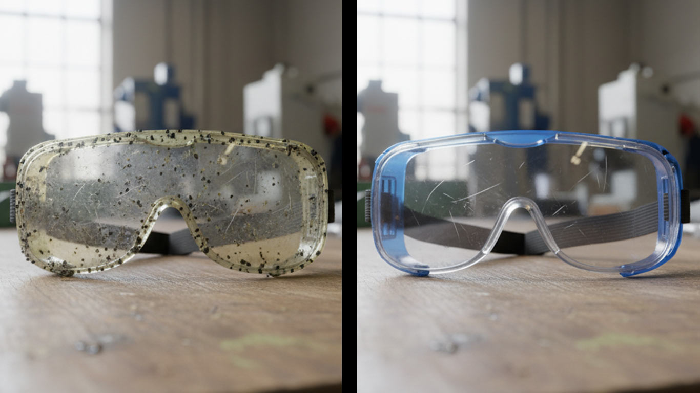 Polycarbonate surface undergoing laser cleaning showing precise contamination removal