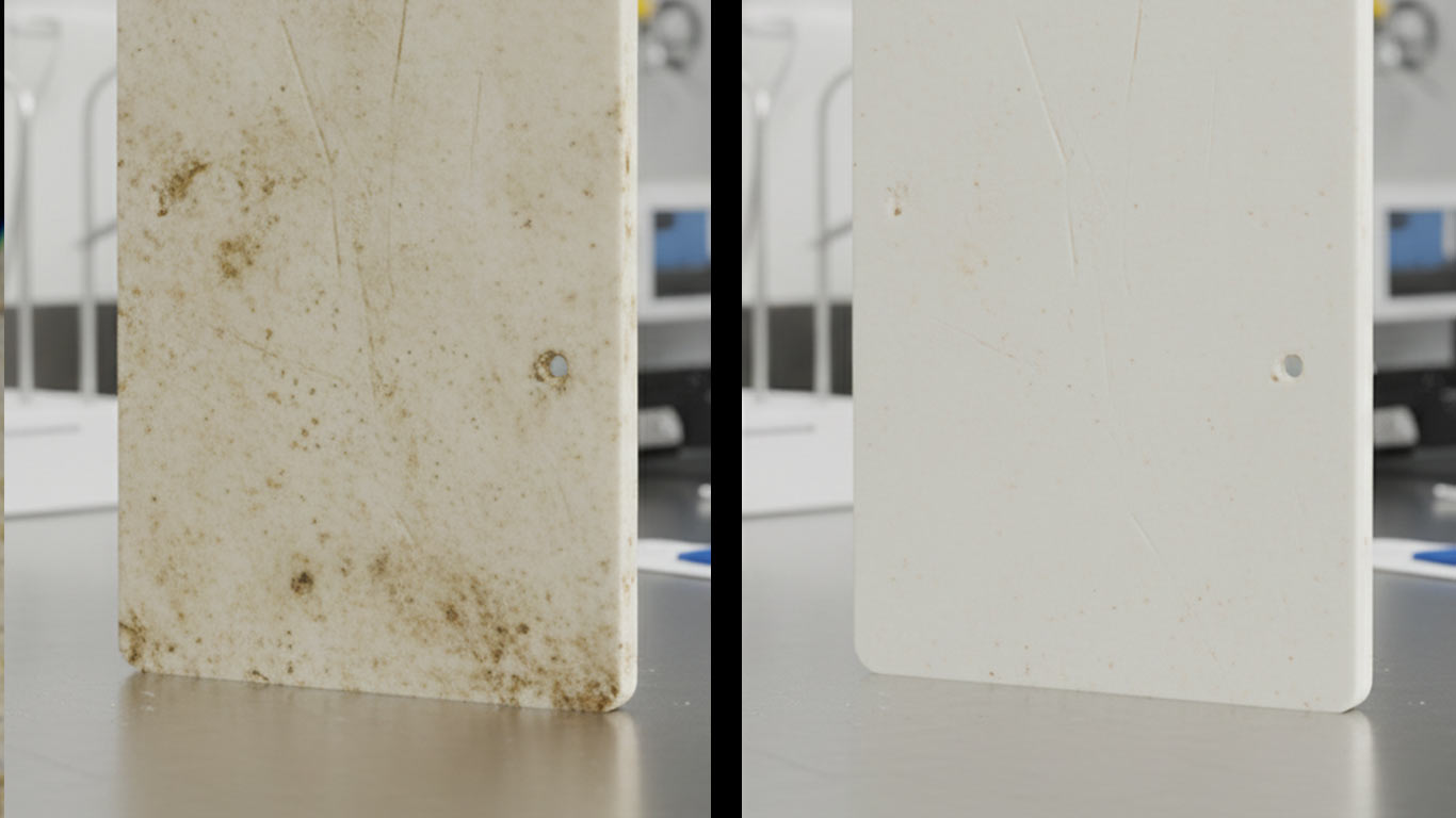 Polyethylene surface undergoing laser cleaning showing precise contamination removal