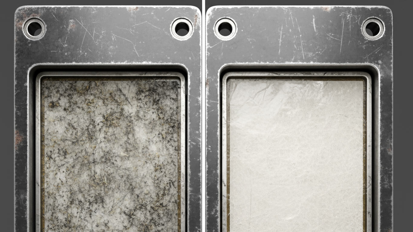 Polytetrafluoroethylene surface undergoing laser cleaning showing precise contamination removal