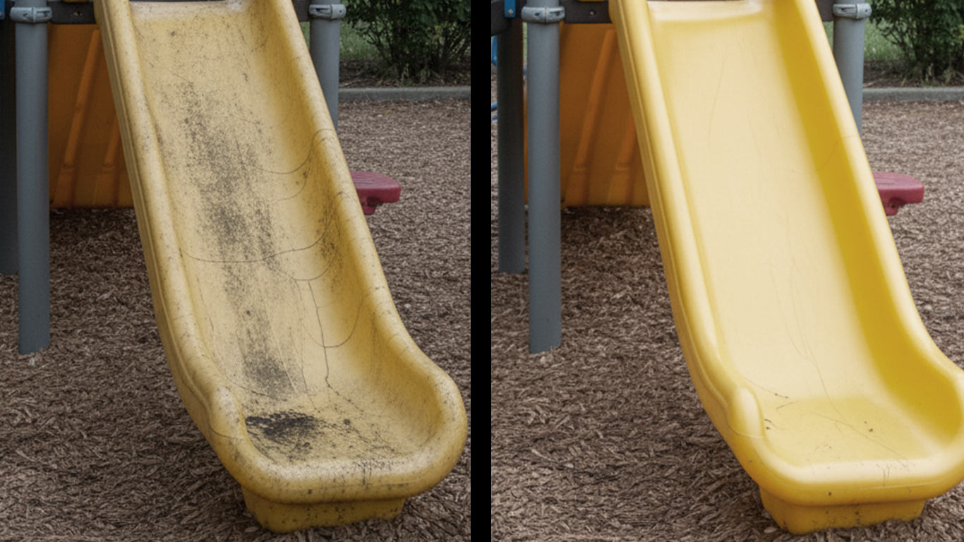 Polyvinyl Chloride surface undergoing laser cleaning showing precise contamination removal