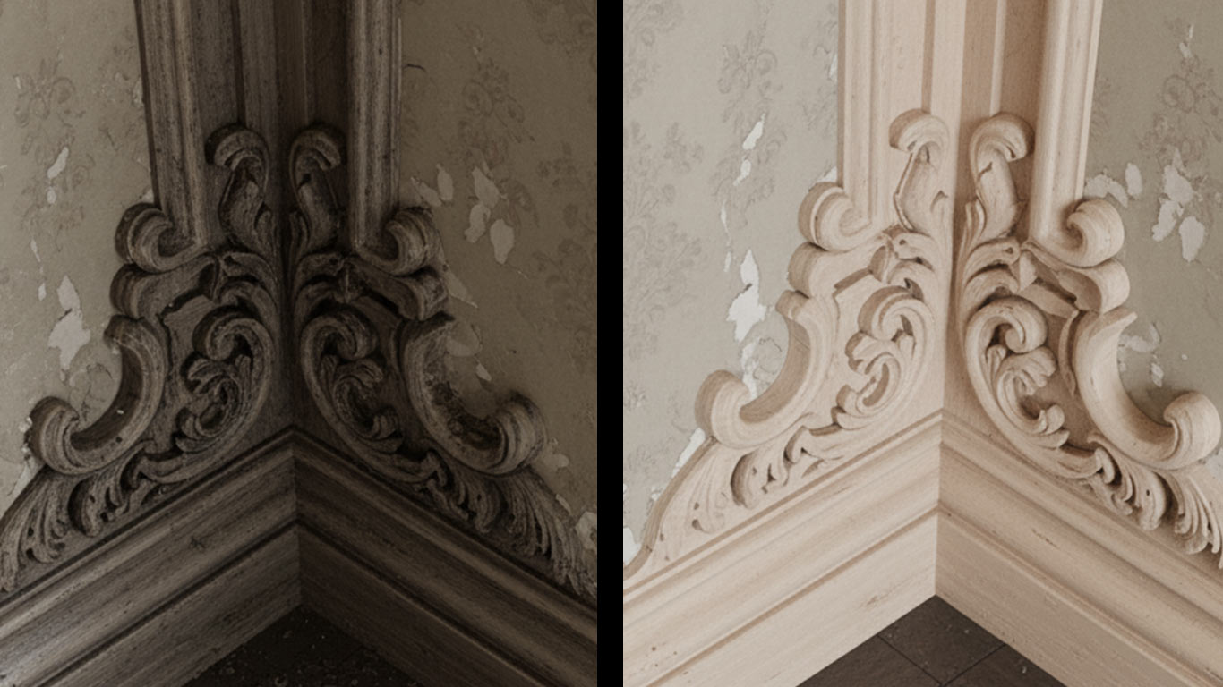 Poplar surface undergoing laser cleaning showing precise contamination removal