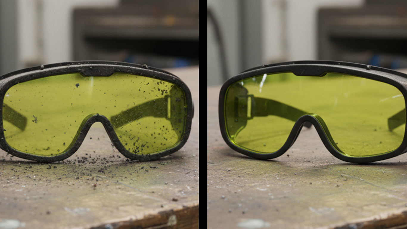 Praseodymium surface undergoing laser cleaning showing precise contamination removal