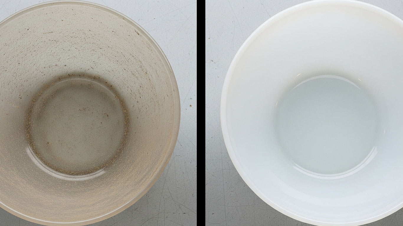 Pyrex surface undergoing laser cleaning showing precise contamination removal