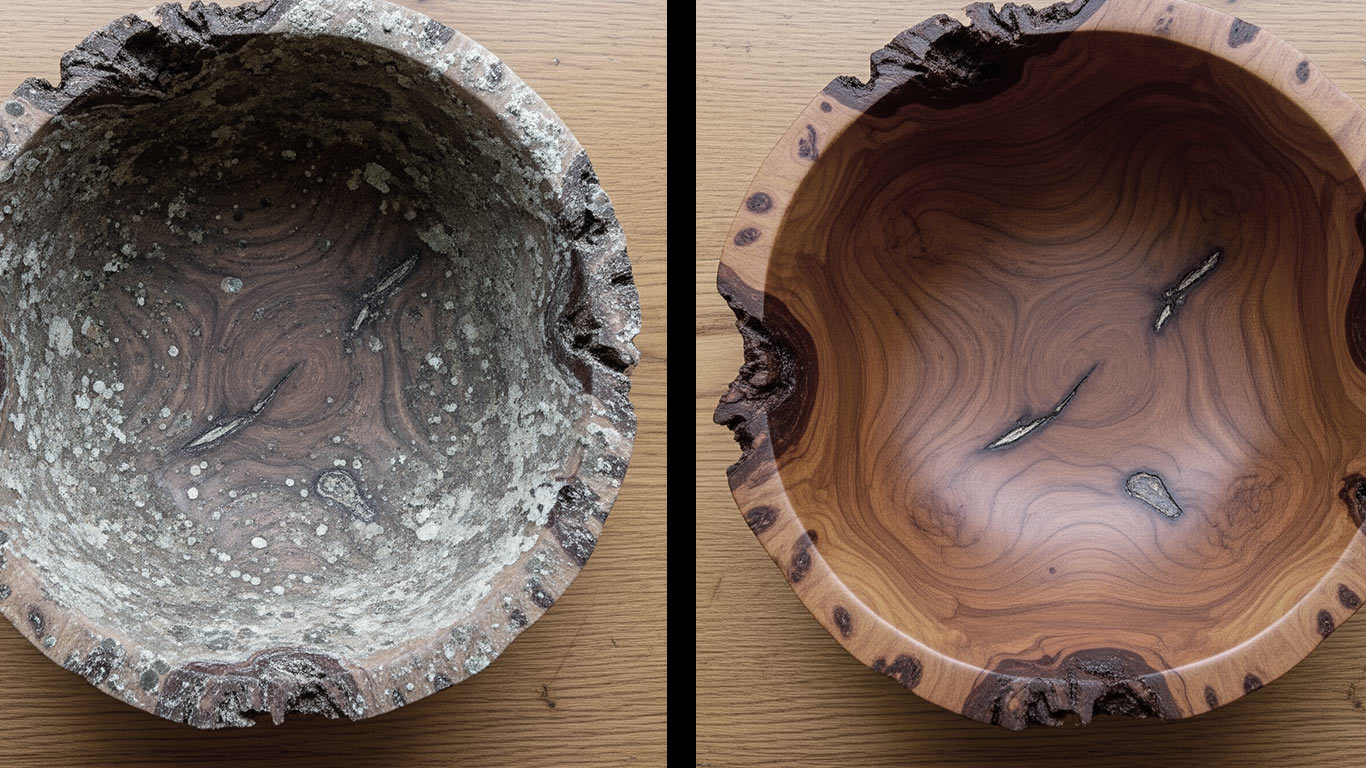 Redwood surface undergoing laser cleaning showing precise contamination removal