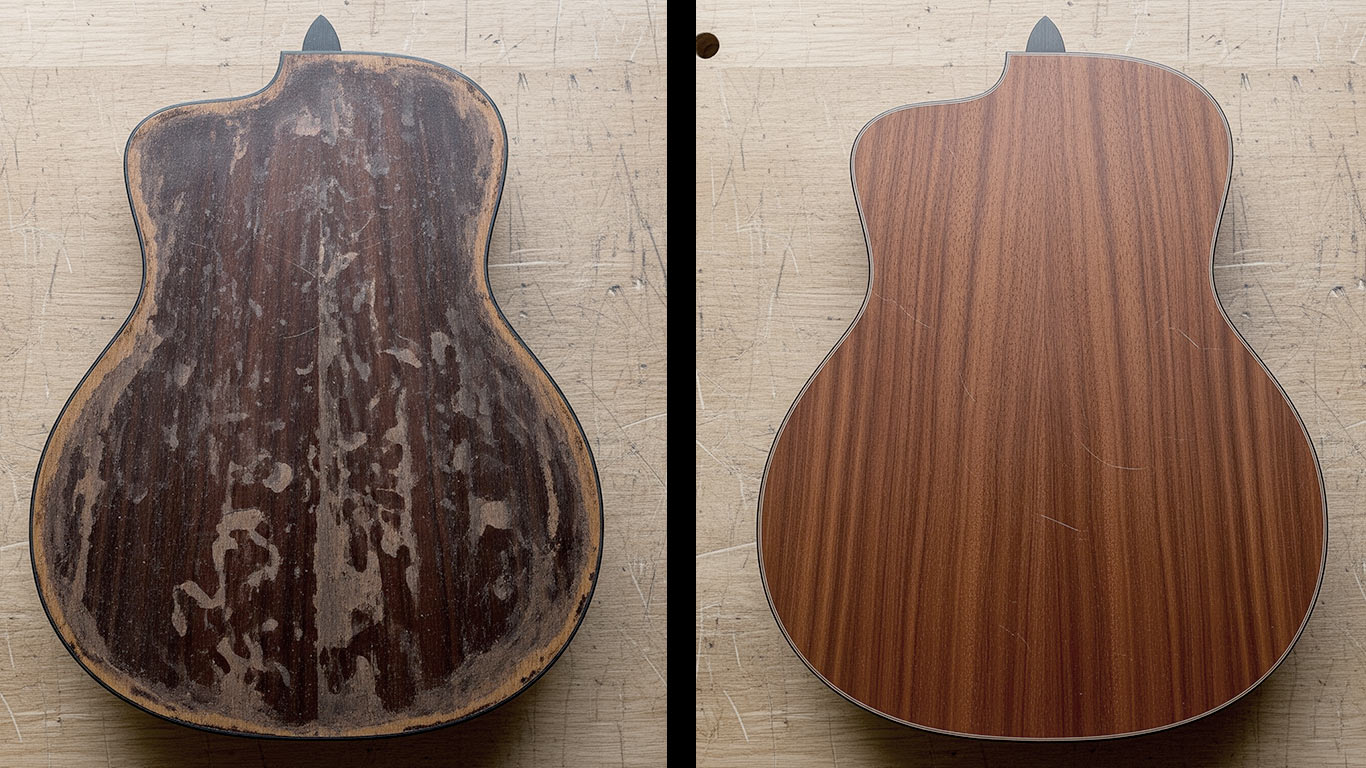 Rosewood surface undergoing laser cleaning showing precise contamination removal