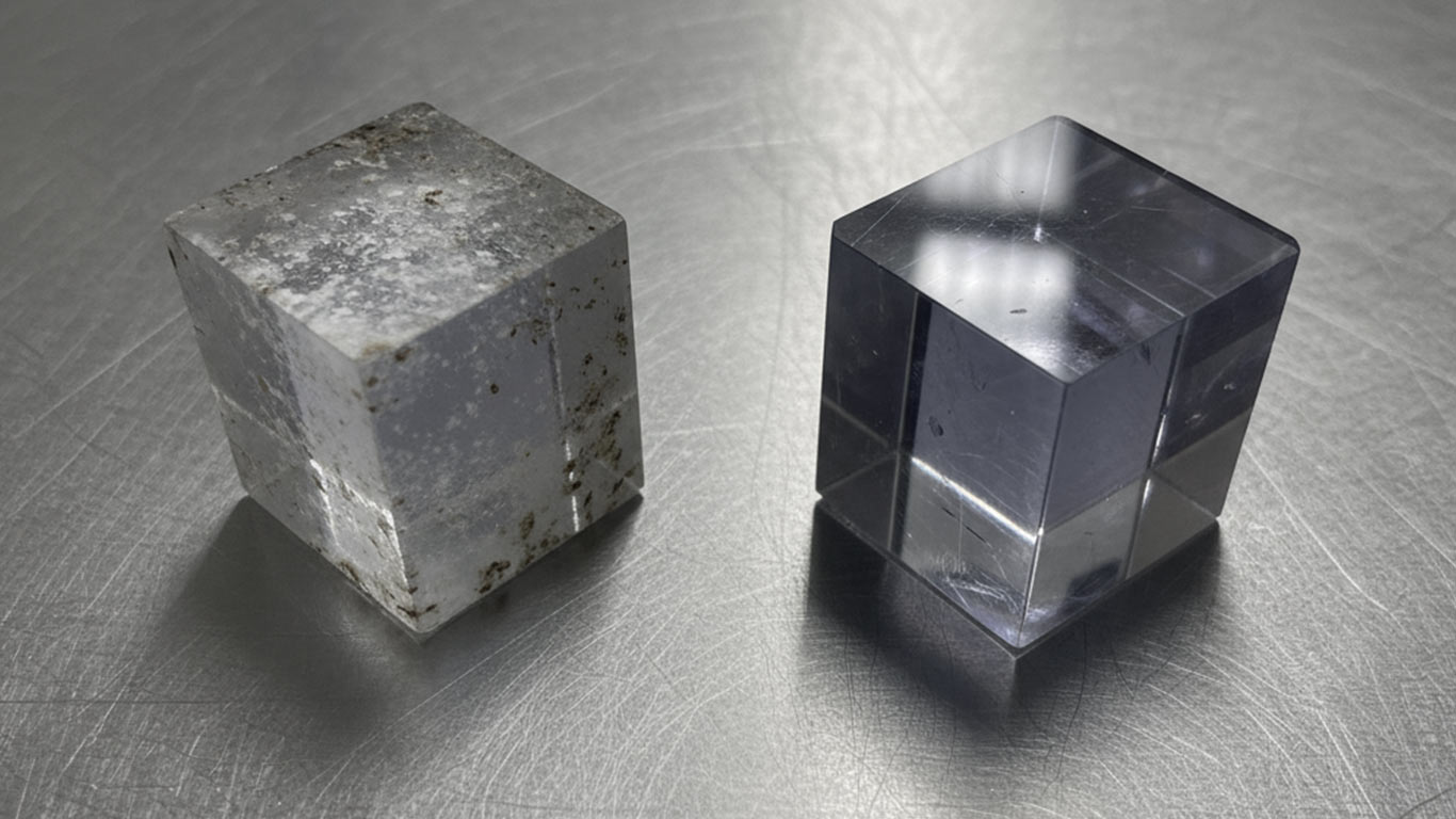 Sapphire Glass surface undergoing laser cleaning showing precise contamination removal