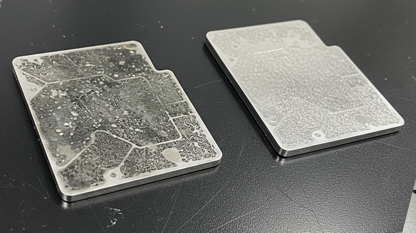 Silver surface undergoing laser cleaning showing precise contamination removal