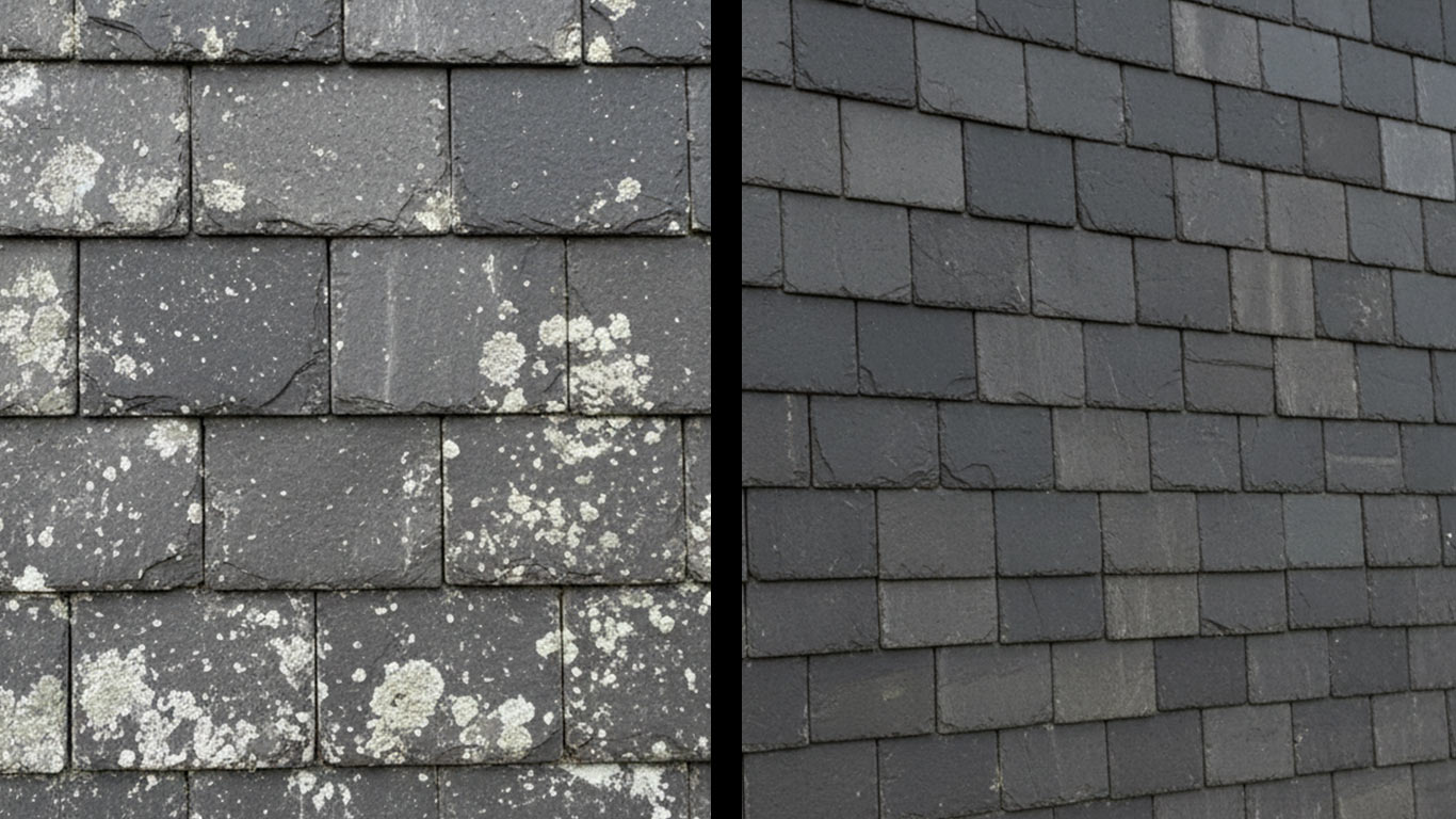 Slate surface undergoing laser cleaning showing precise contamination removal