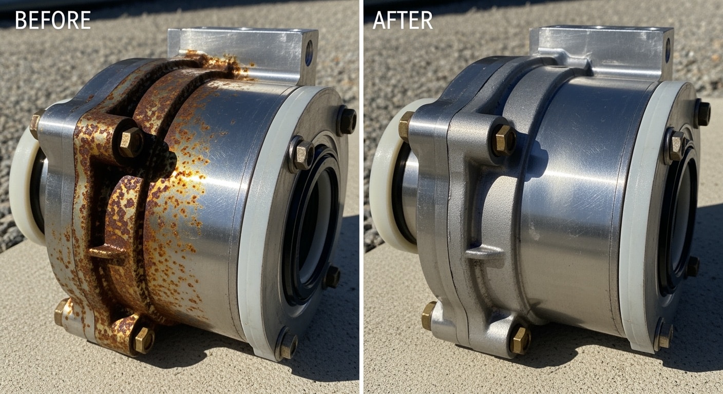 Stainless Steel 304 surface during precision laser cleaning process removing contamination layer