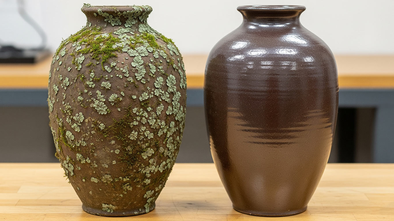 Stoneware surface undergoing laser cleaning showing precise contamination removal