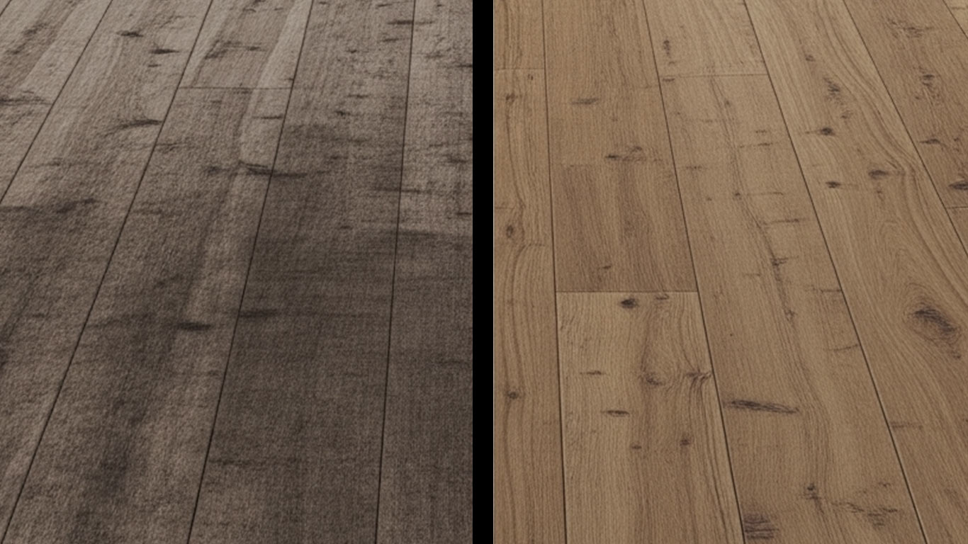 Teak surface undergoing laser cleaning showing precise contamination removal