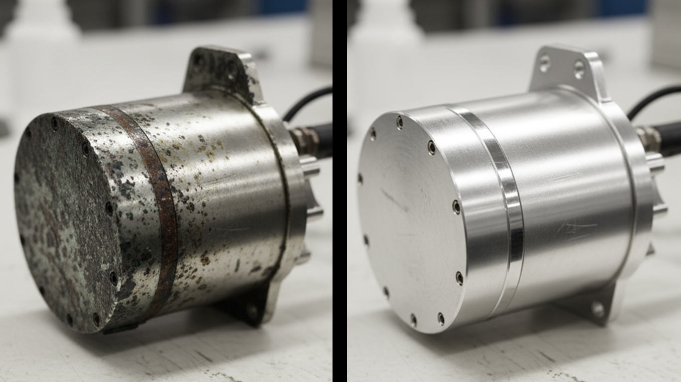 Terbium surface undergoing laser cleaning showing precise contamination removal
