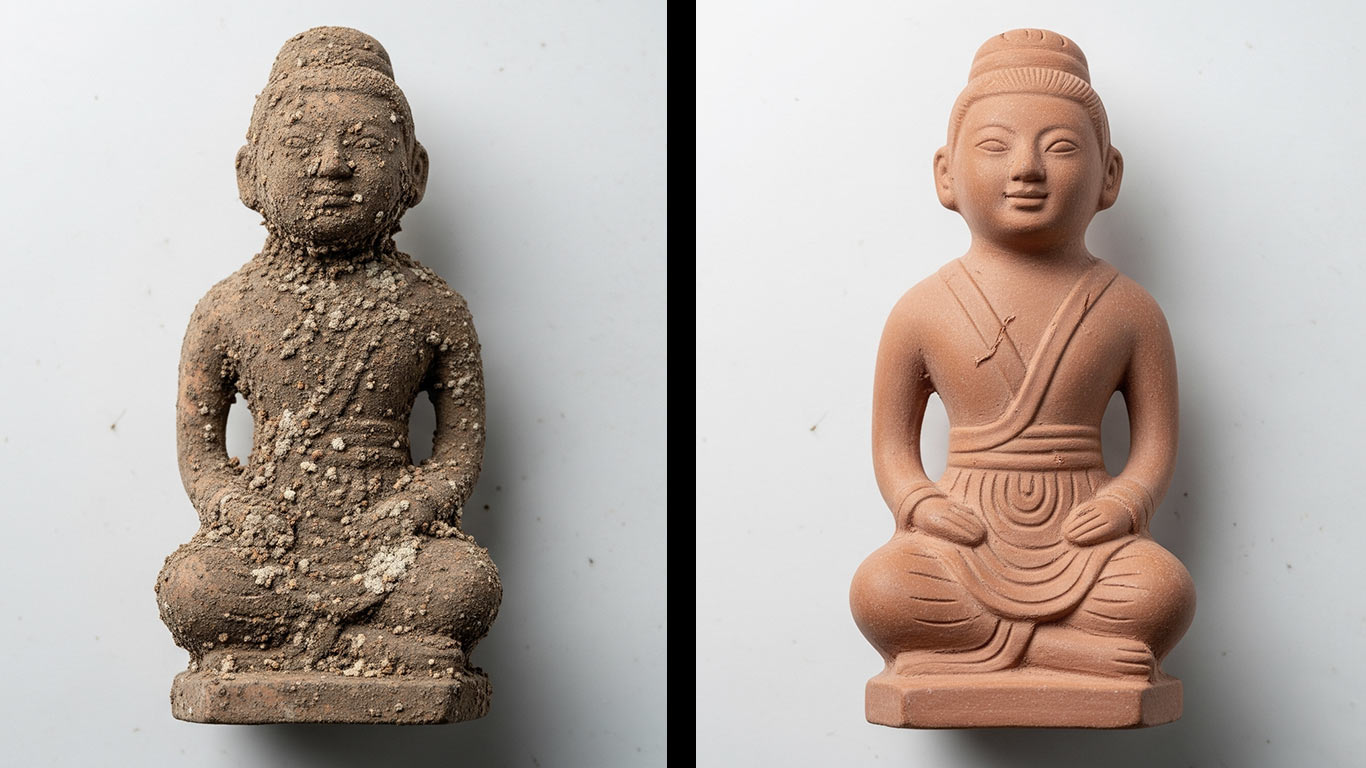 Terracotta surface undergoing laser cleaning showing precise contamination removal