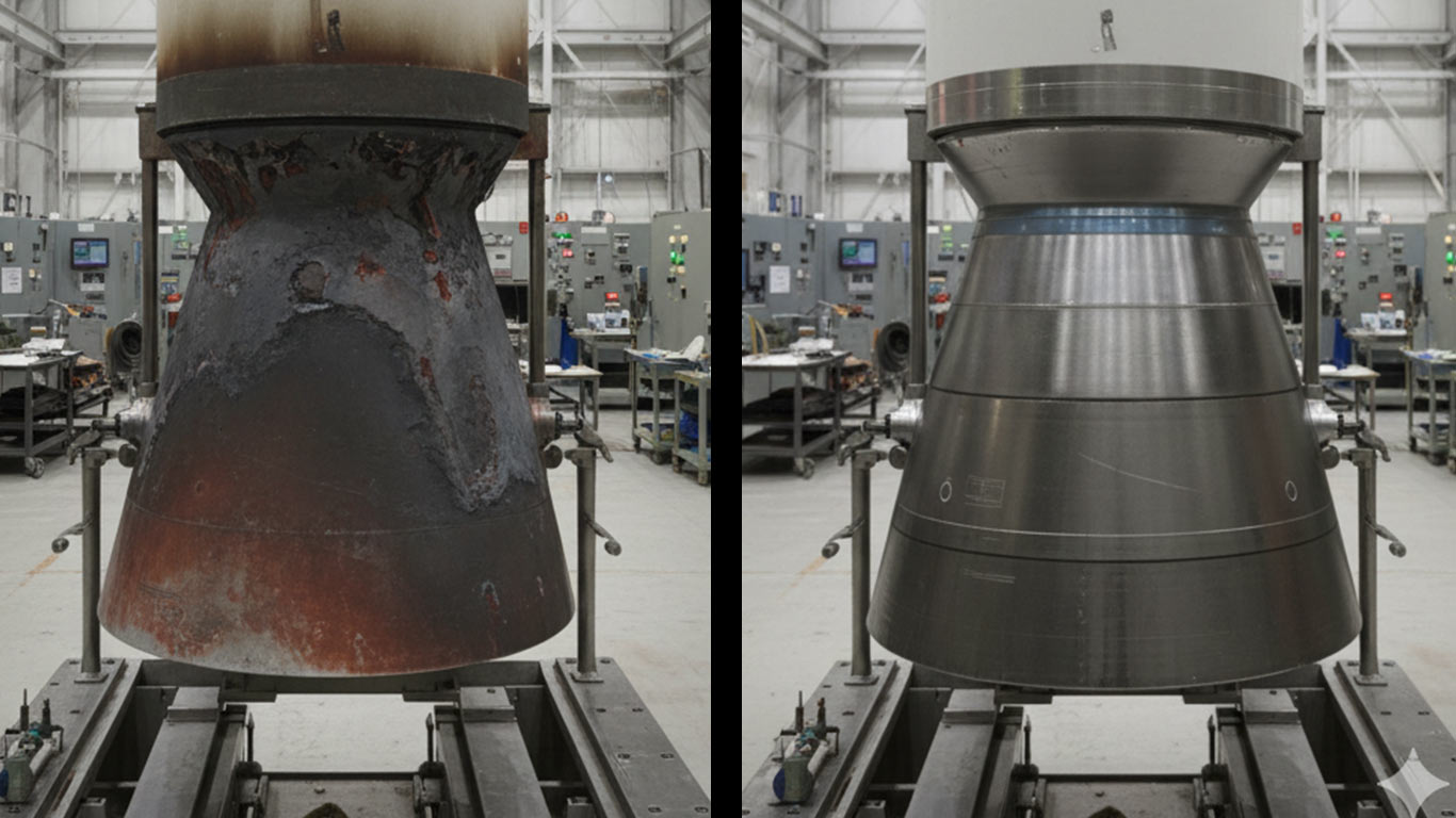 Titanium Carbide surface undergoing laser cleaning showing precise contamination removal