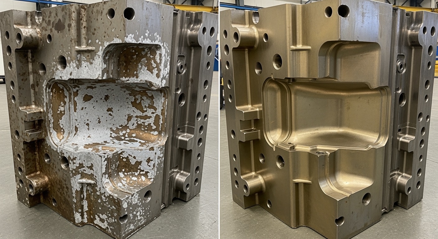 Titanium Nitride surface undergoing laser cleaning showing precise contamination removal