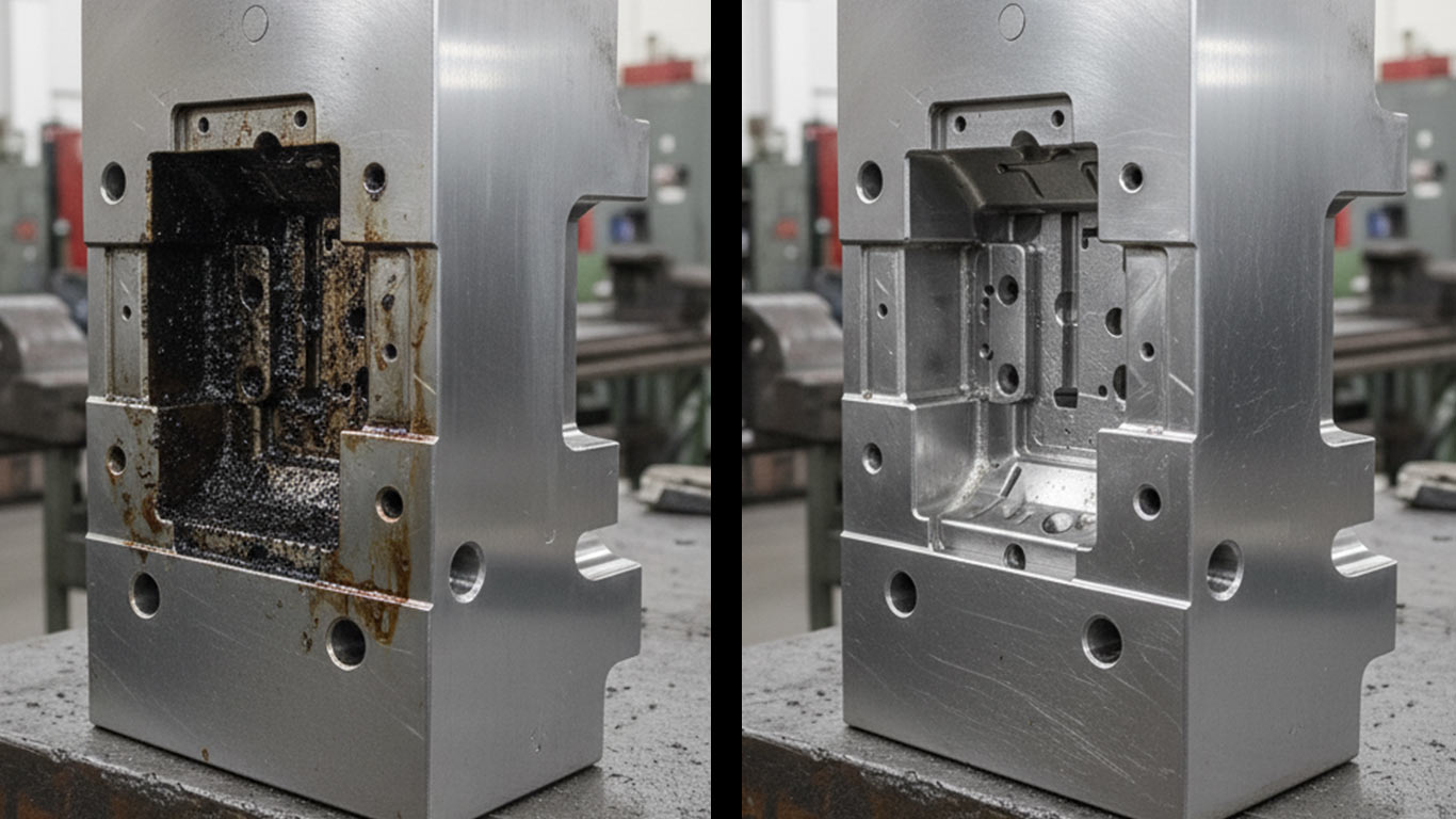 Tool Steel surface undergoing laser cleaning showing precise contamination removal