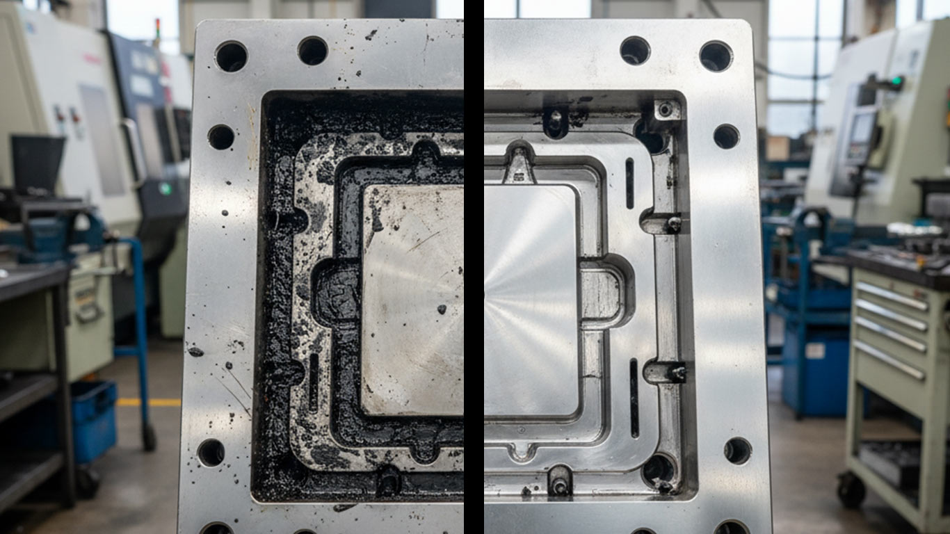Tungsten Carbide surface undergoing laser cleaning showing precise contamination removal