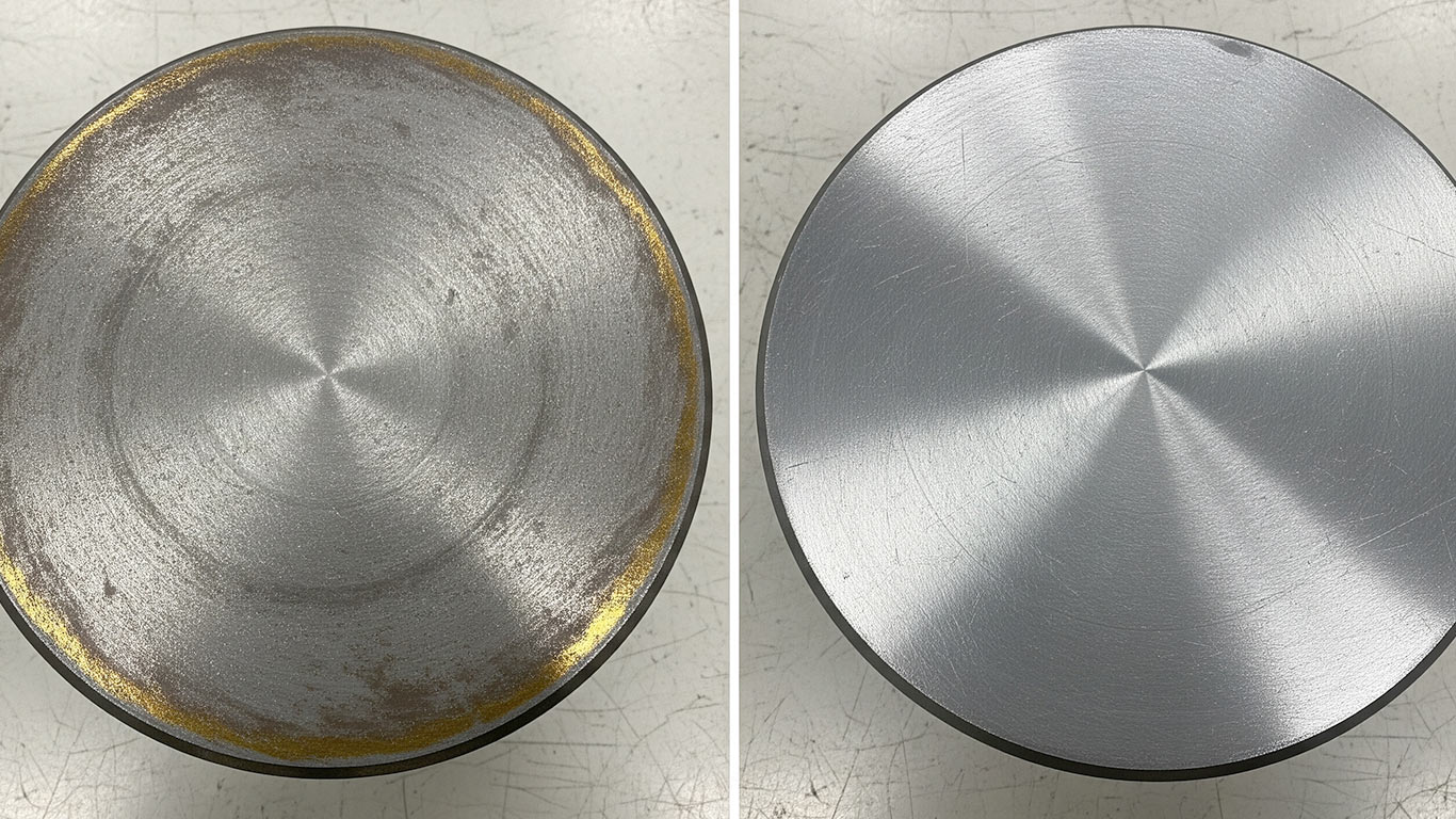 Vanadium surface undergoing laser cleaning showing precise contamination removal