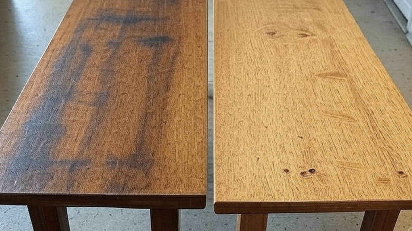 Walnut surface undergoing laser cleaning showing precise contamination removal