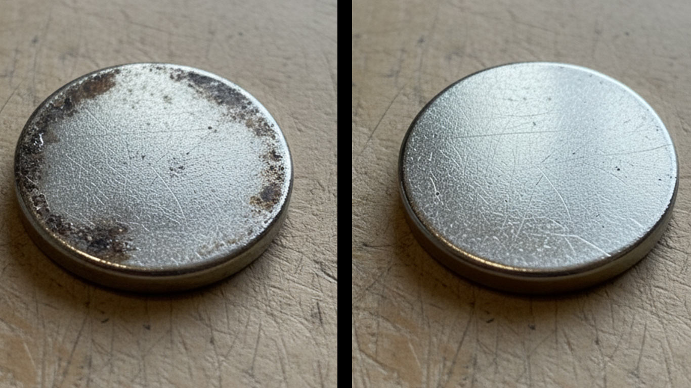 Yttrium surface undergoing laser cleaning showing precise contamination removal