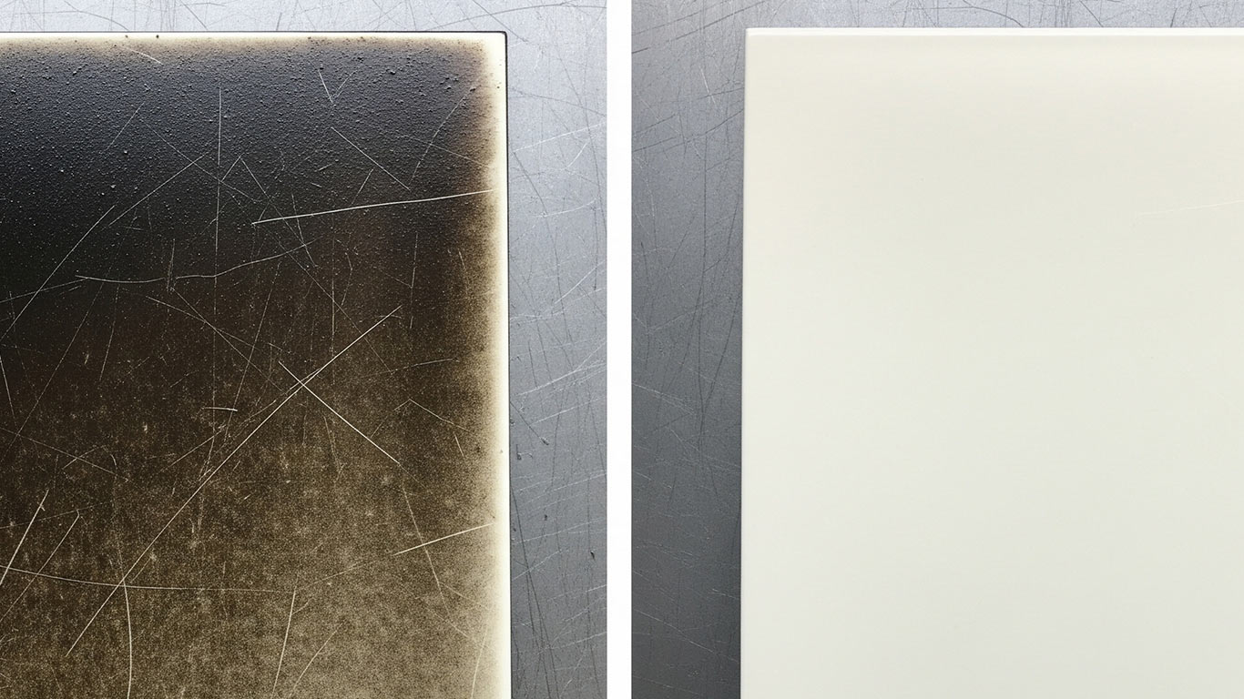 Zirconia surface undergoing laser cleaning showing precise contamination removal