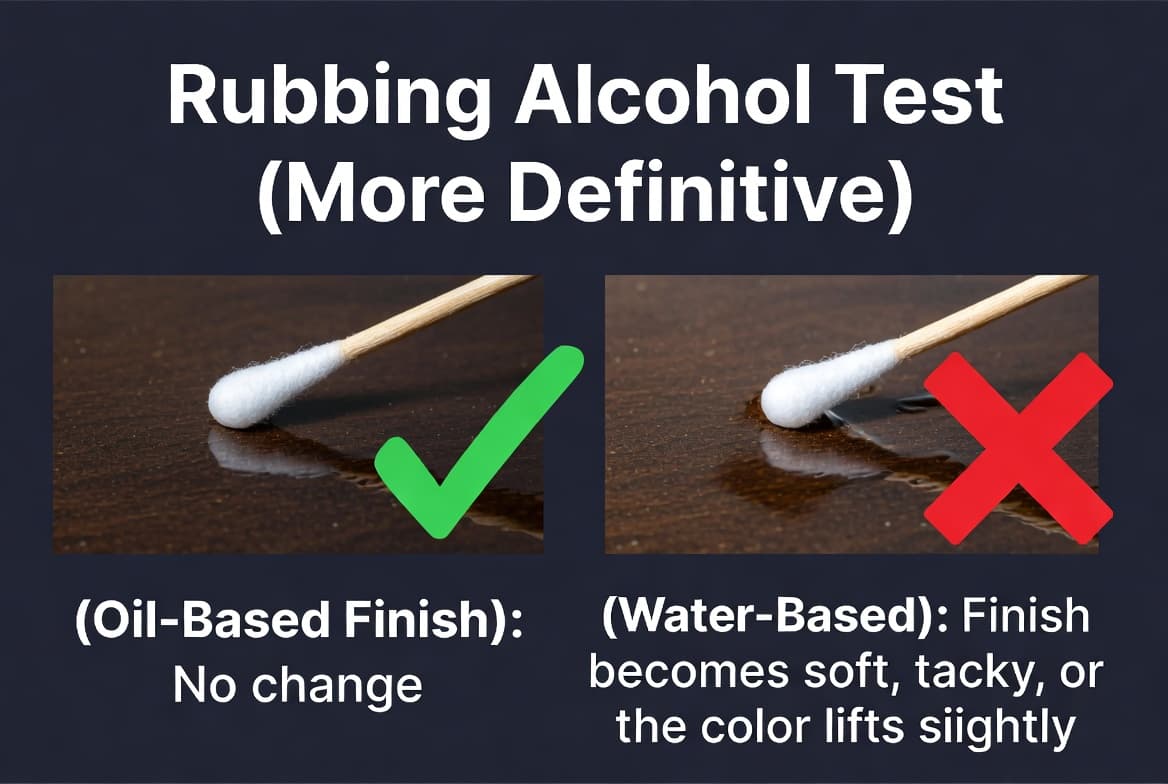 Alcohol swab test on wood surface to identify shellac or lacquer finish